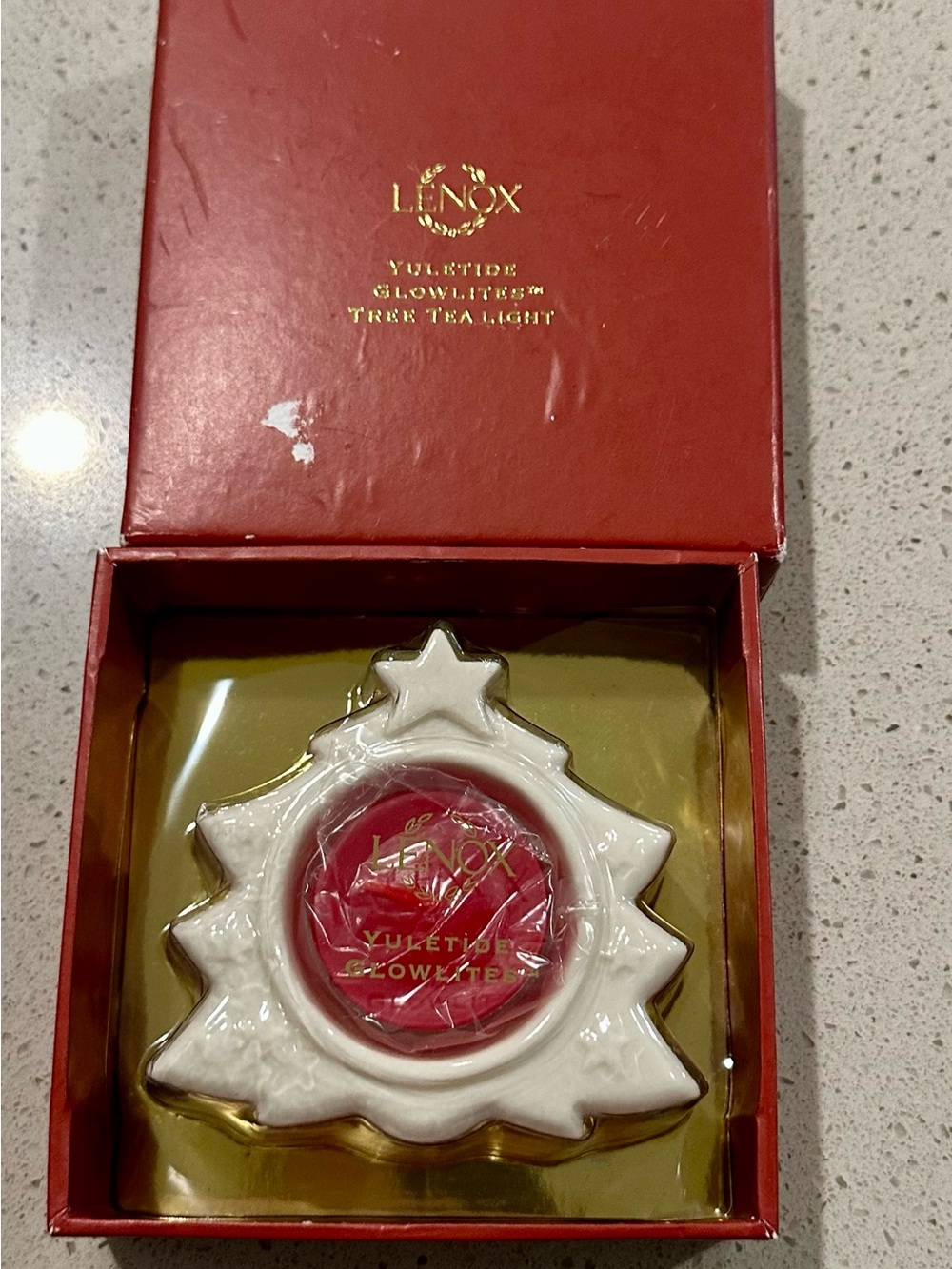 Lenox White Ceramic Christmas Tree Tea Light Holder with Red Candle